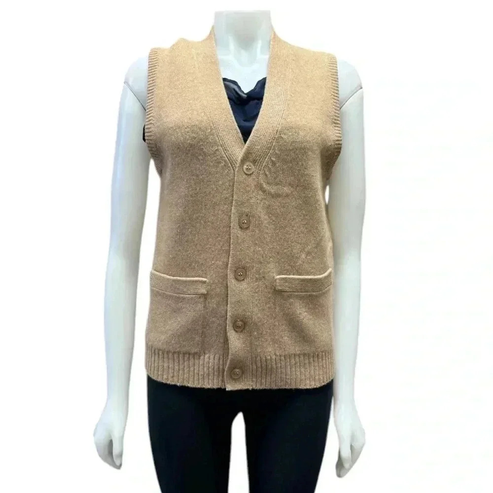 Puritan Vintage 100% Lambswool Tan Button Up Sleeveless Vest Size Small